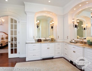 white master bathroom with french doors created by Normandy Designer Stephanie Bryant