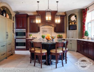 traditional kitchen with green cabinetry