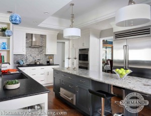 White painted cabinets and grey island