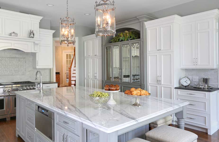 White and gray painted kitchen cabinets