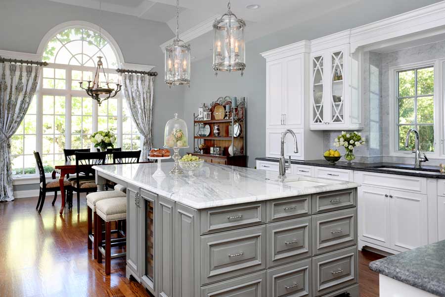 Gray island kitchen with glaze