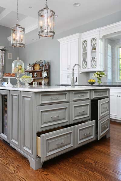 Kitchen island with doors and drawers