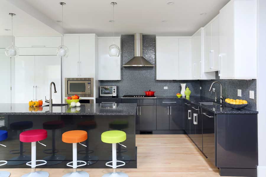 high gloss white upper cabinets with black lower cabinets