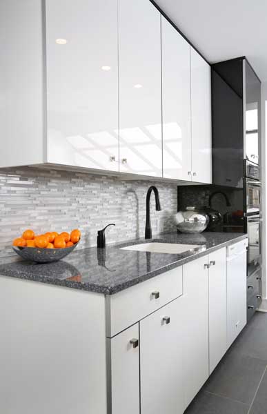 Black and white glossy laminate kitchen cabinets