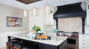 traditional kitchen with island and wall mounted television