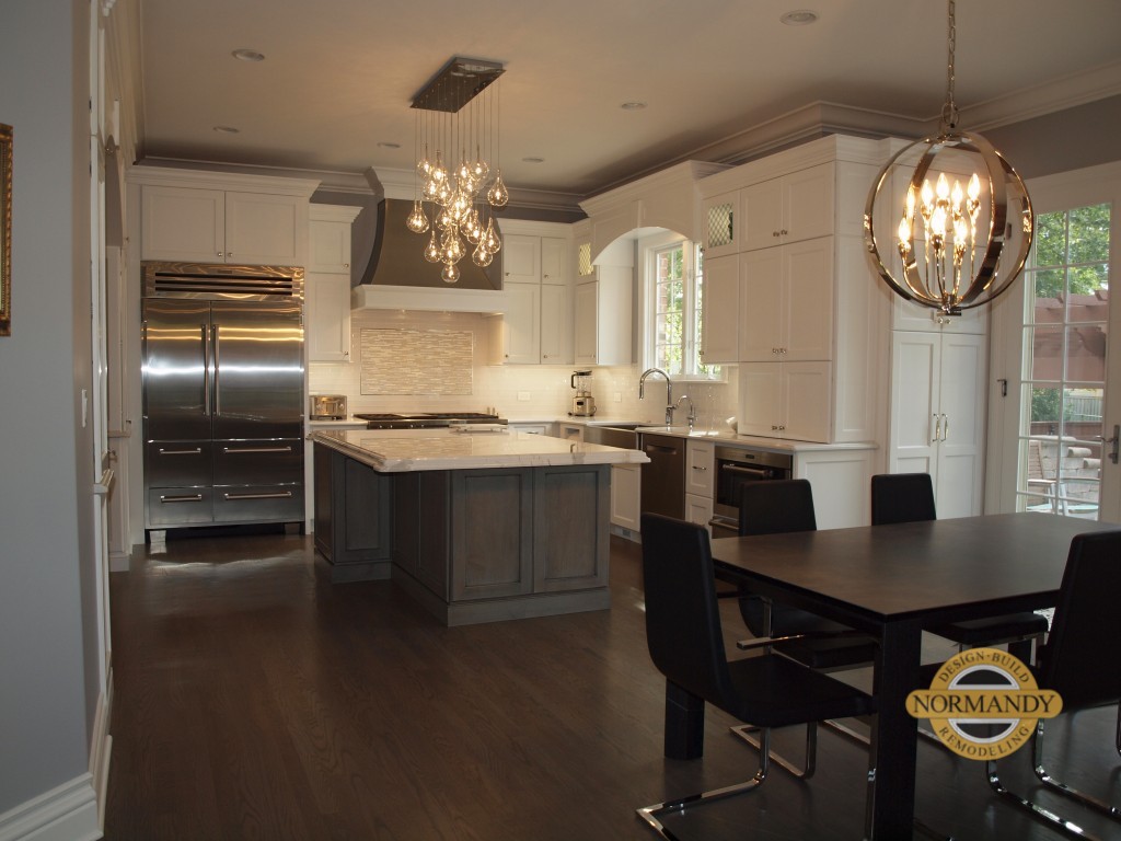 White kitchen with small island