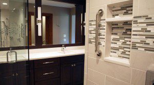 free standing shower and dark stained cabinets in bathroom remodel