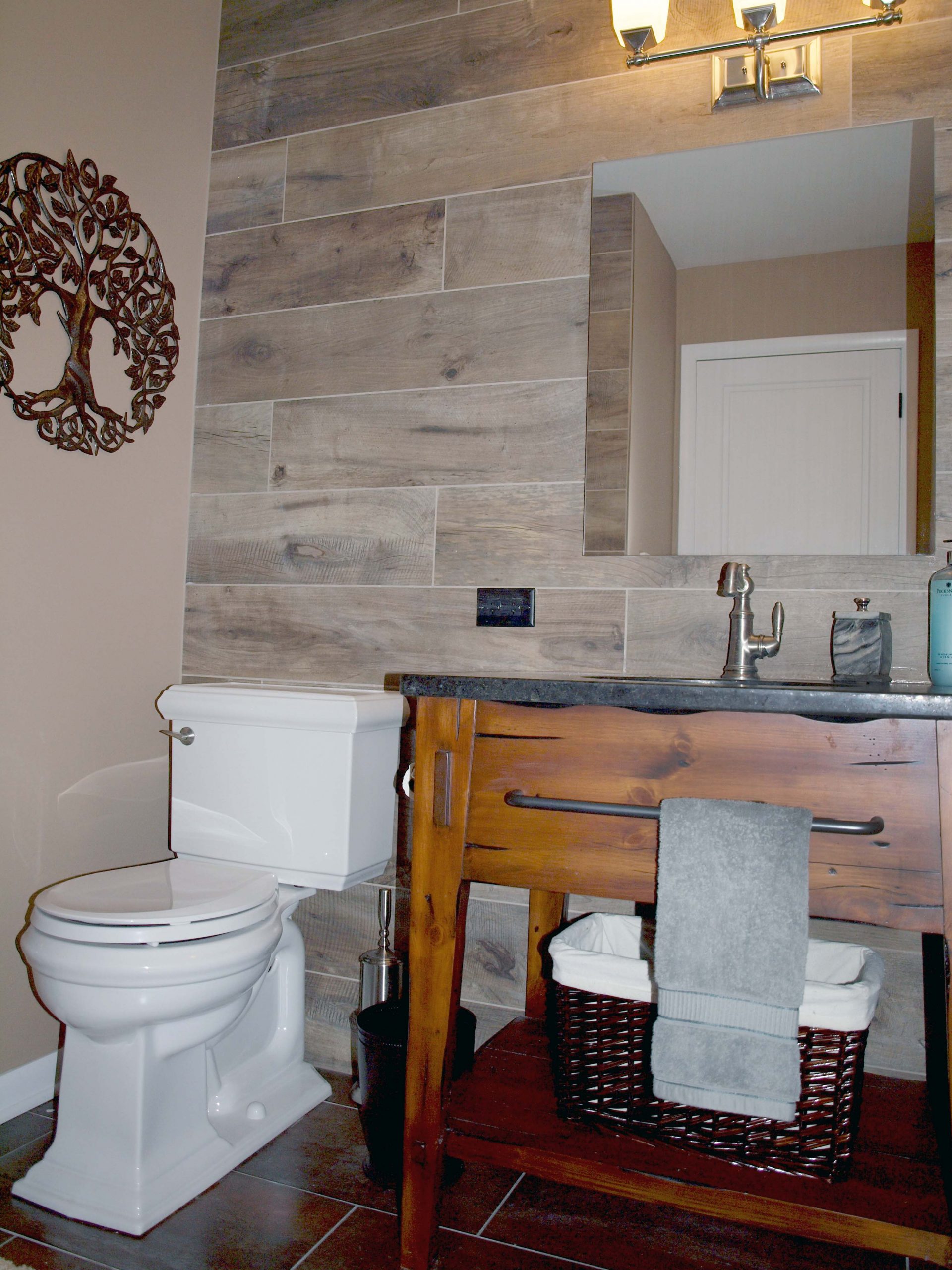 Porcelain wood tile bathroom accent wall