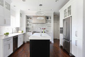 white kitchen with metal accents