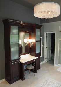 Bathroom vanity and chandelier