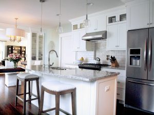 white kitchen with island seating 