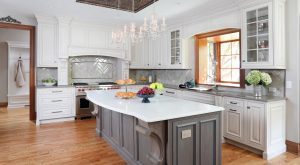 traditional kitchen with gray cabinetry