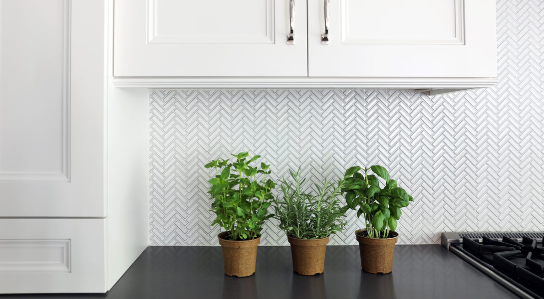 Textured herringbone back splash tile