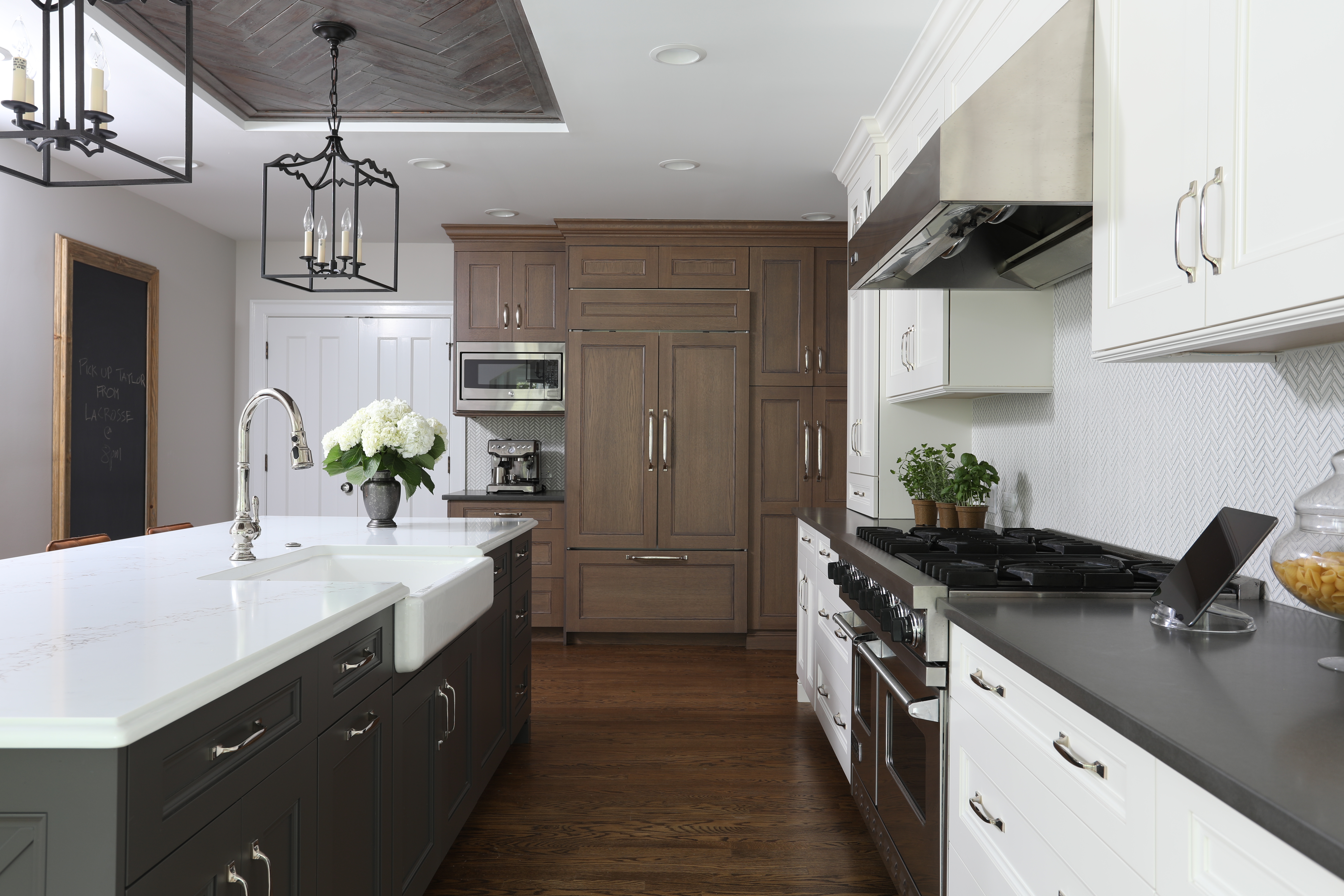 Transitional kitchen with interesting ceiling treatment