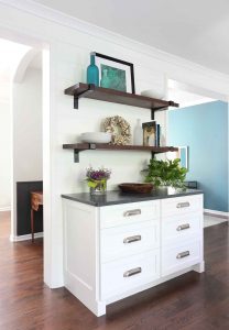 White painted drawer and reclaimed wood shelves