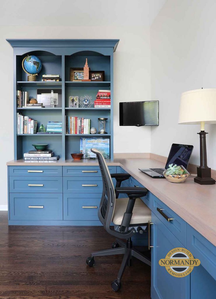 Blue painted cabinets for a home office