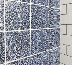 Blue and white tile with contrasting grout