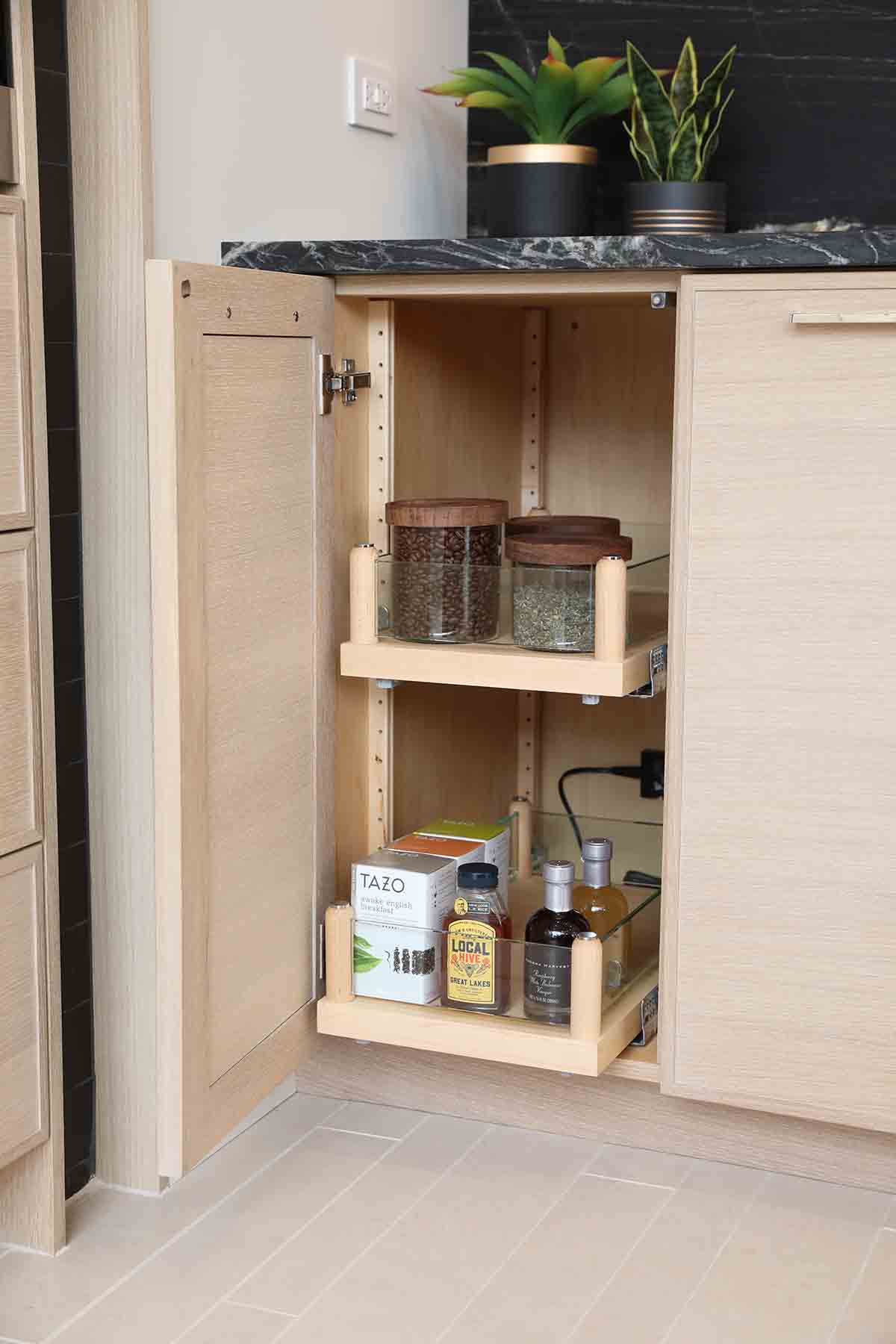 light wood cabinets with slide out shelves