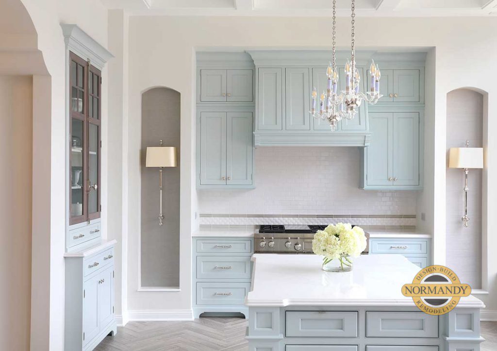 traditional kitchen in soft barely blue