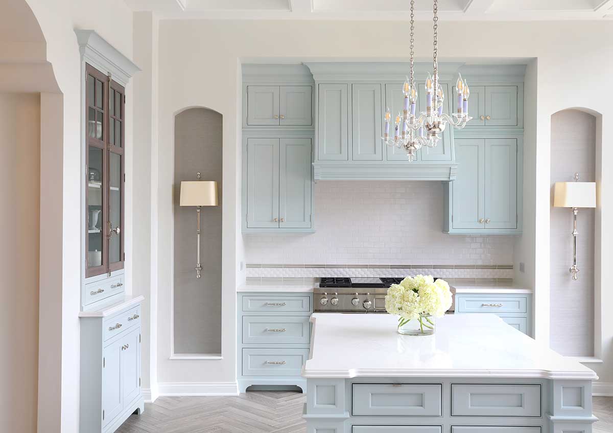 traditional kitchen in soft barely blue