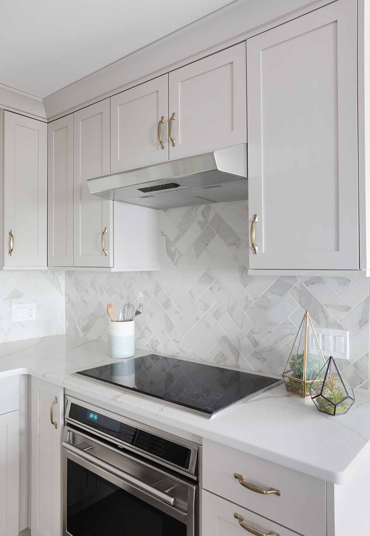 Gray Cabinets, Induction Cooktop, gray tile