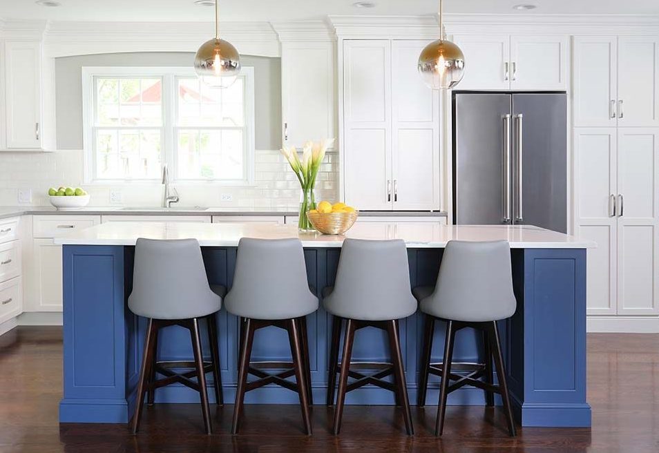 White Kitchen With Large Navy Blue Island Normandy Remodeling