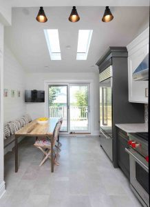 banquet area, black lighting, skylights