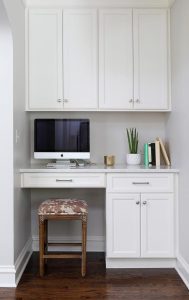 Office nook with white cabinetry and metal hardware