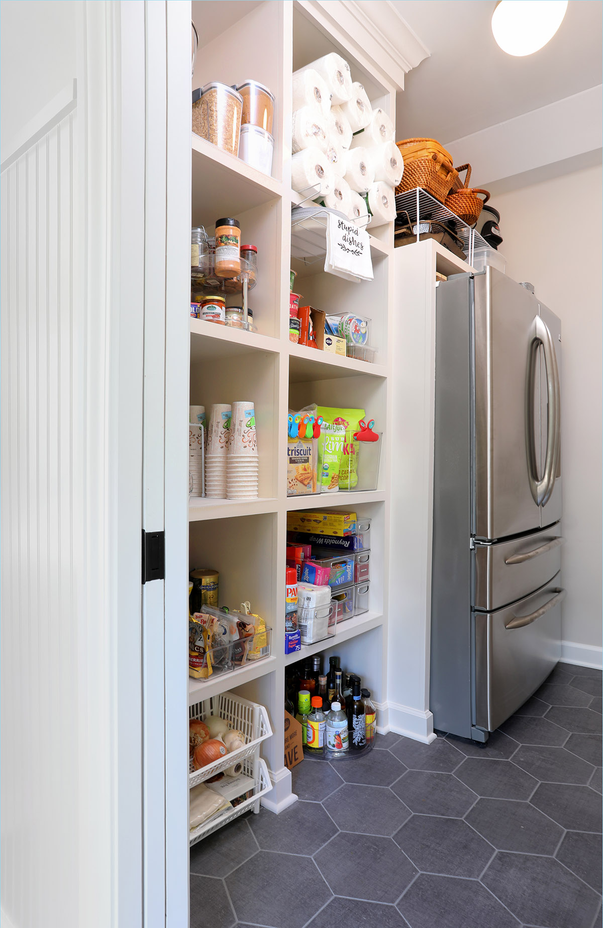 Pantry shelving with full size refrigerator