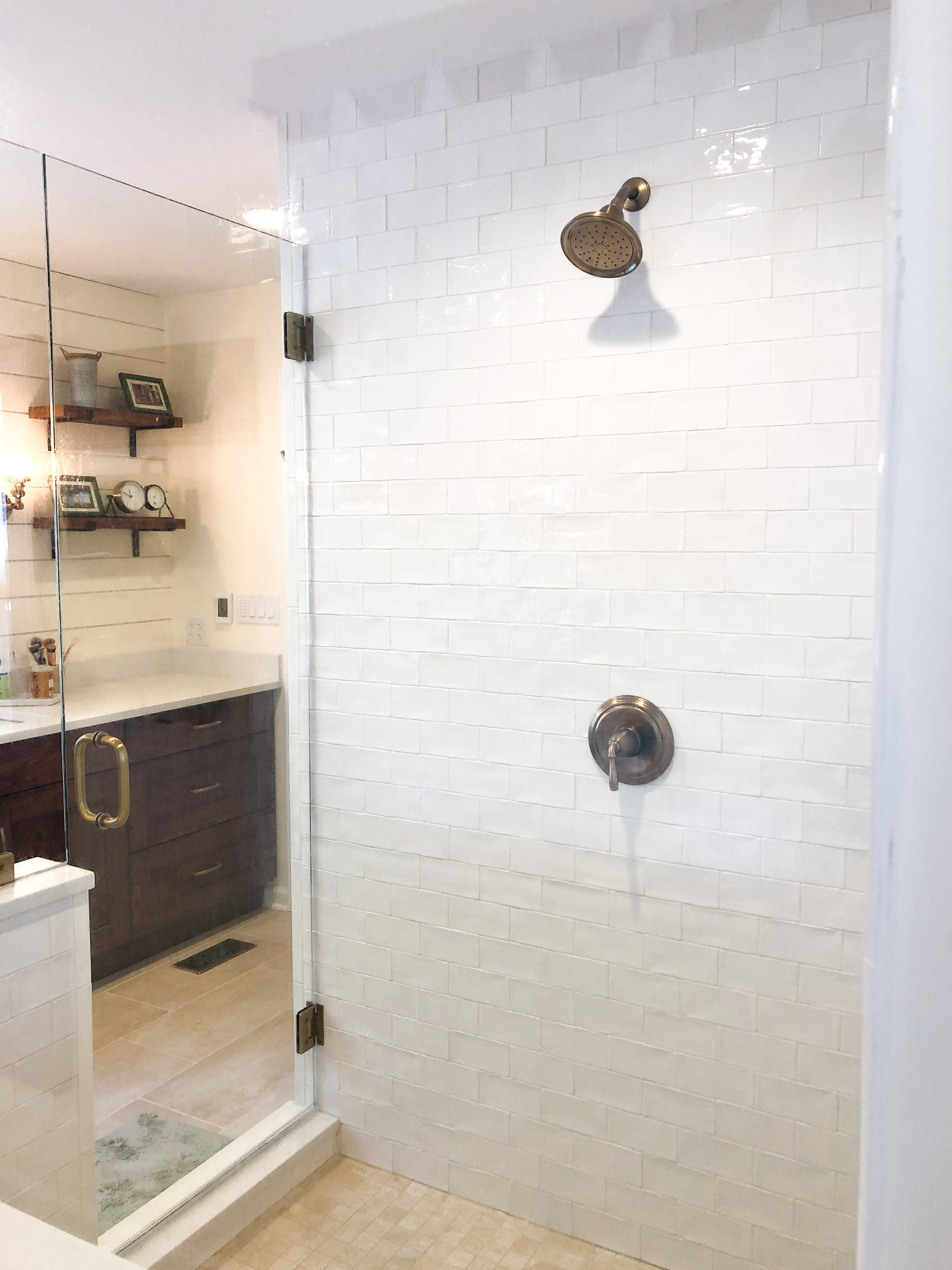 shower in a farmhouse bathroom remodel