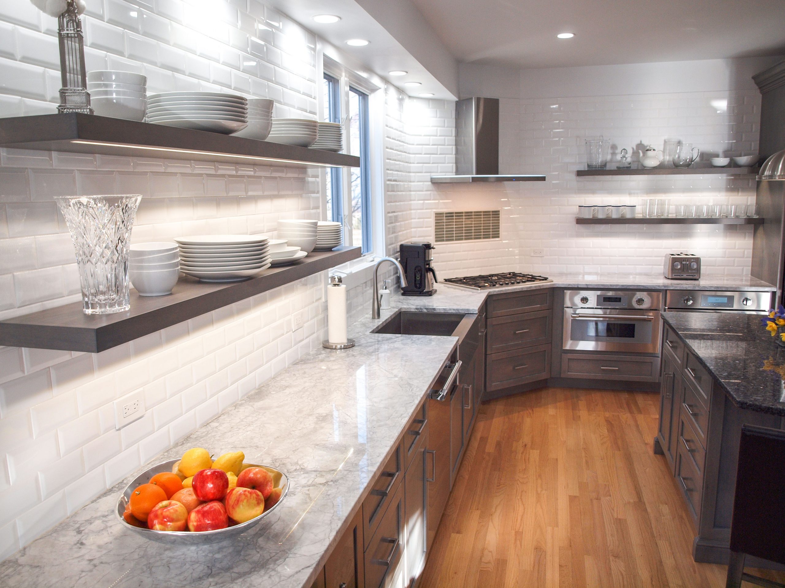 Open Shelving above white countertop