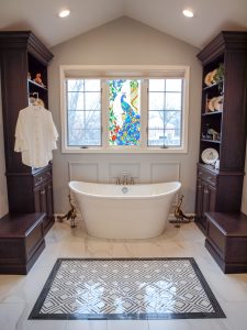 tile rug in front of tub