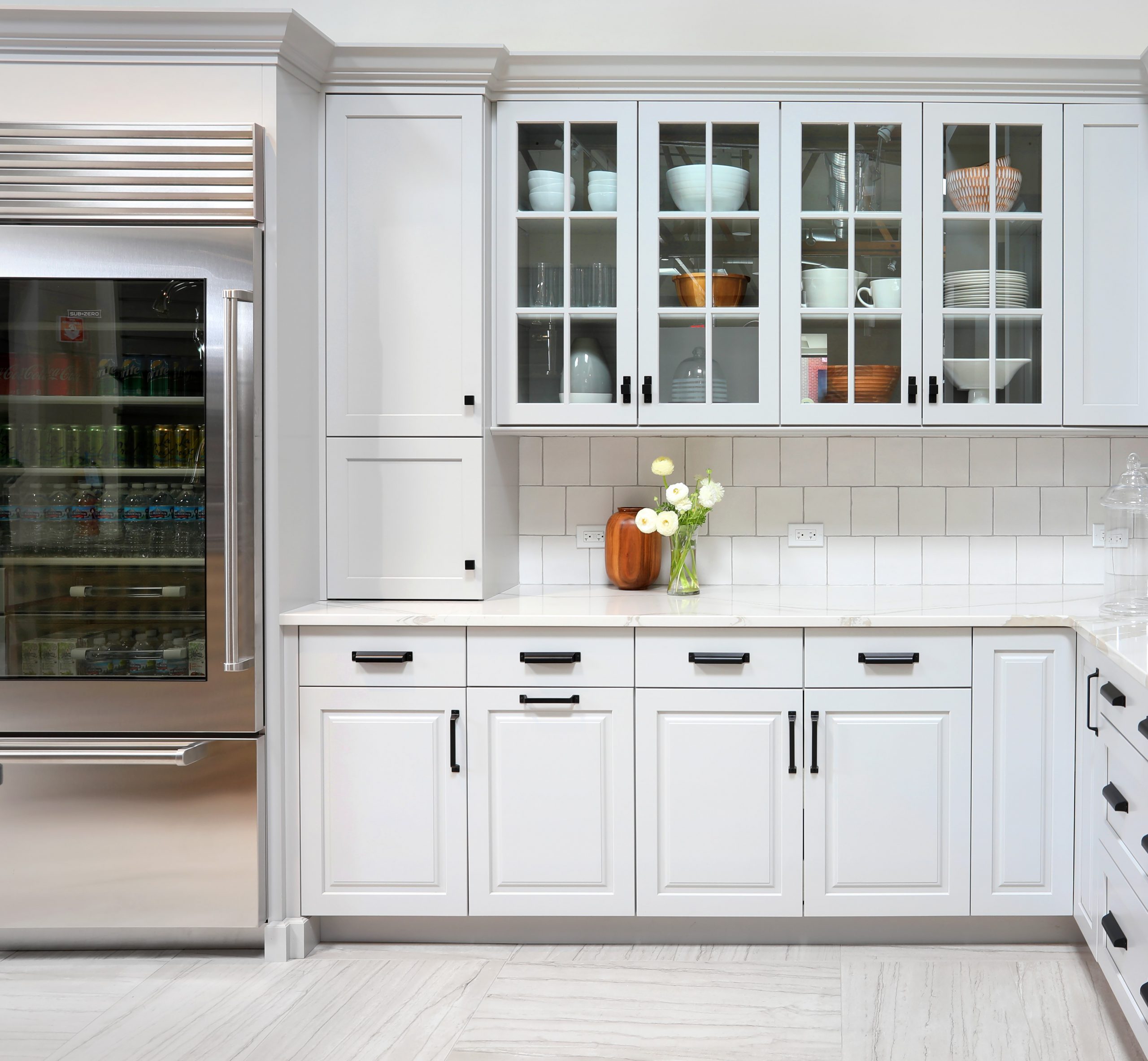 Gray painted kitchen cabinets with appliance garage