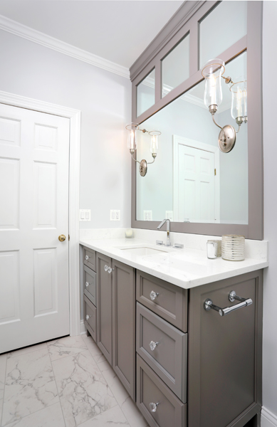 Bathroom vanity with light sconces on the mirror