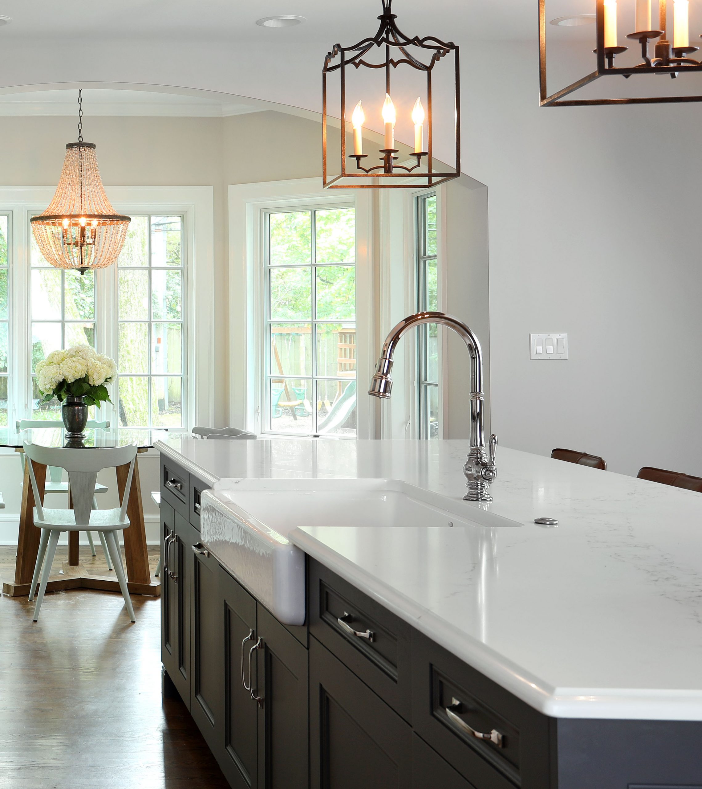 Apron front kitchen sink in the island