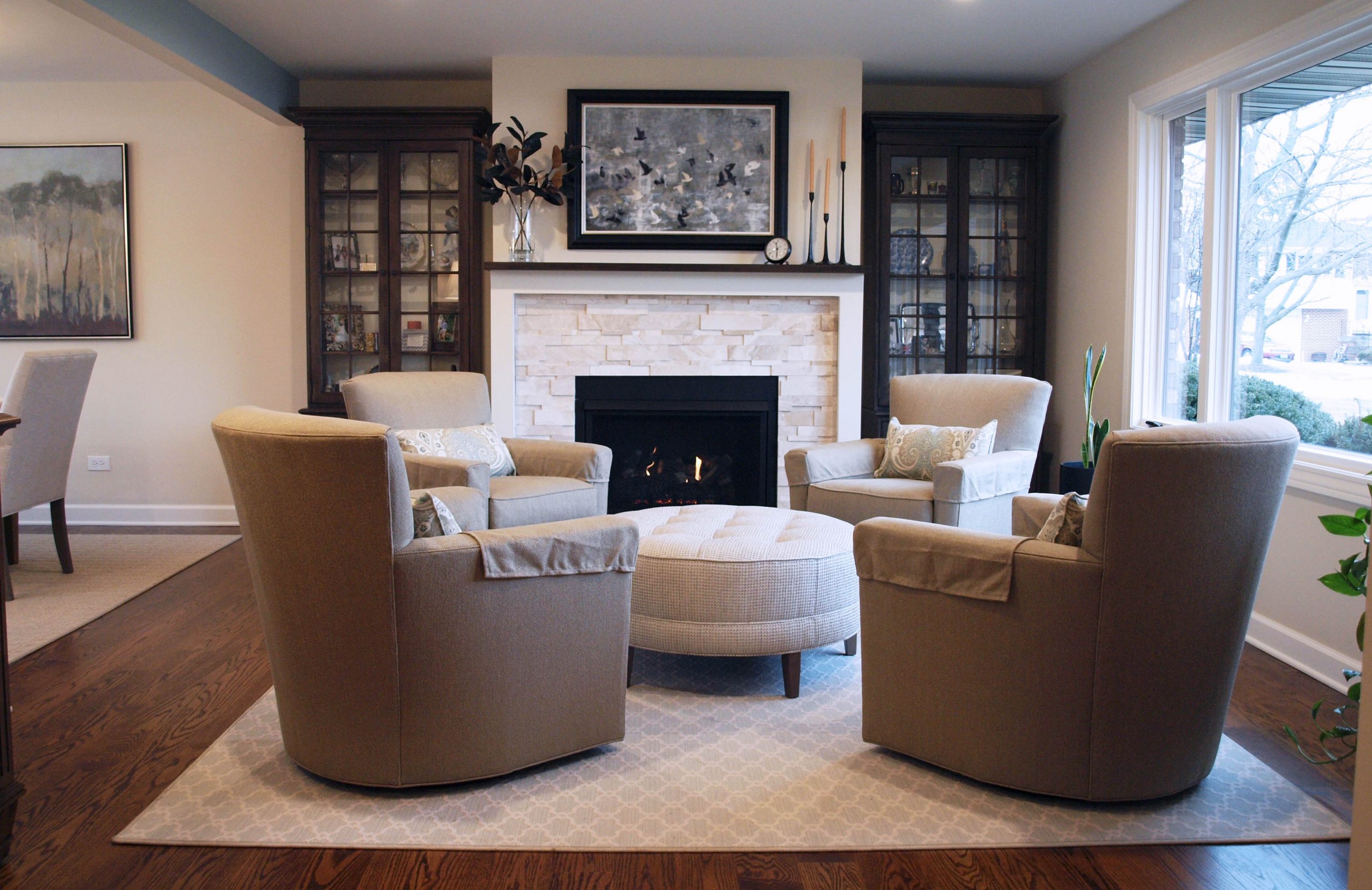 Front room open to dining with fireplace