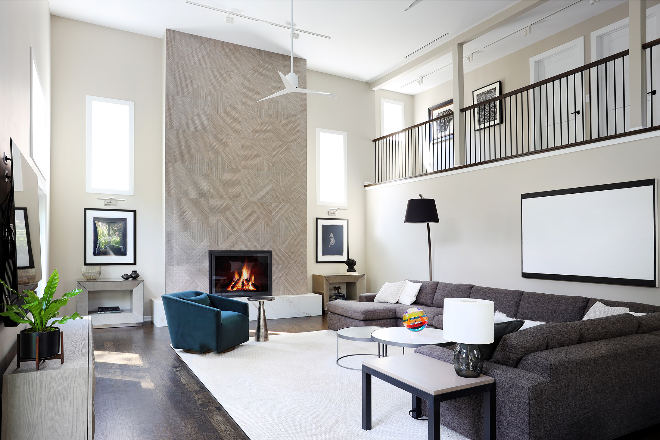 Two story family room with fireplace