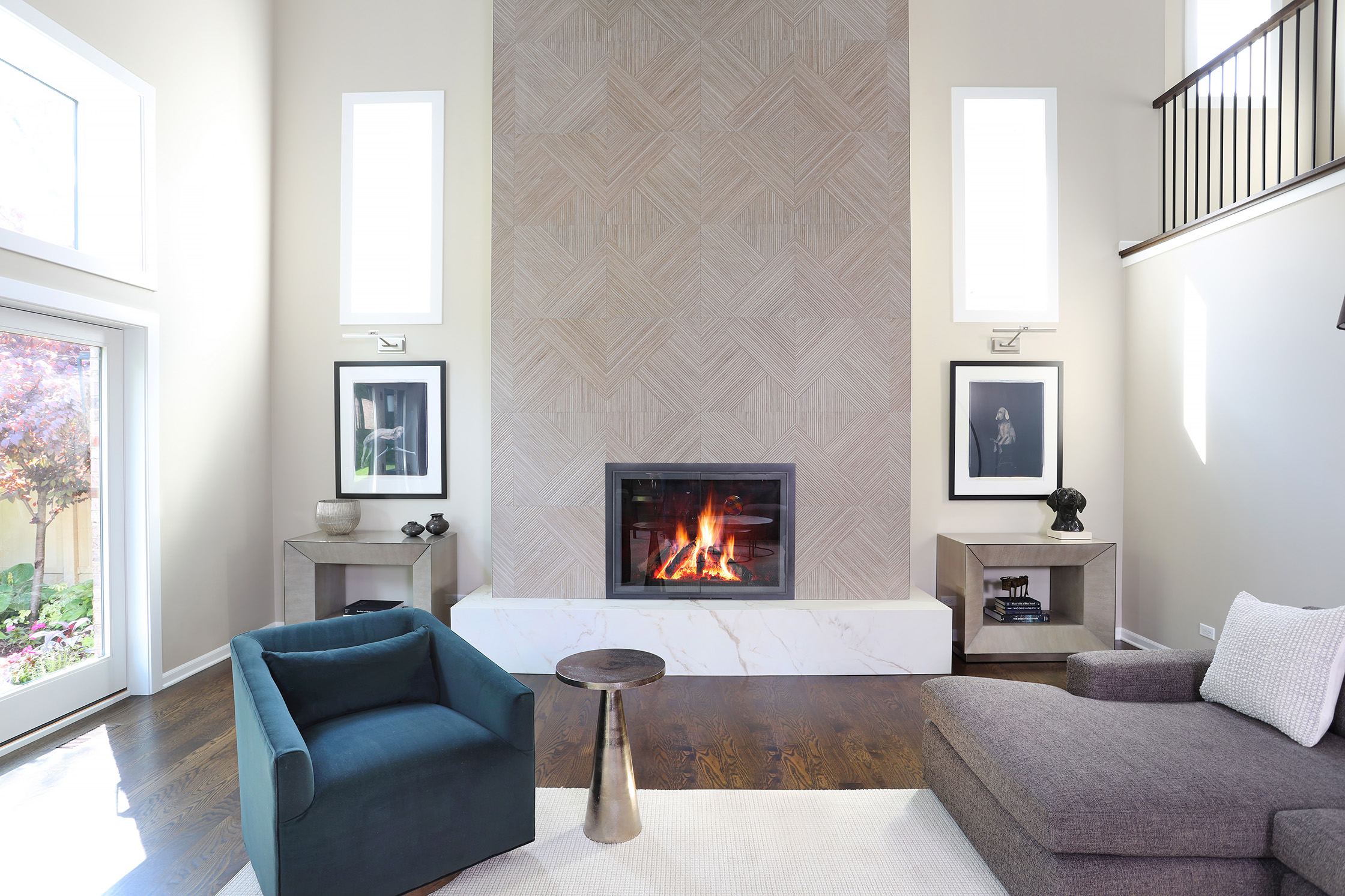 Modern tile fireplace in family room