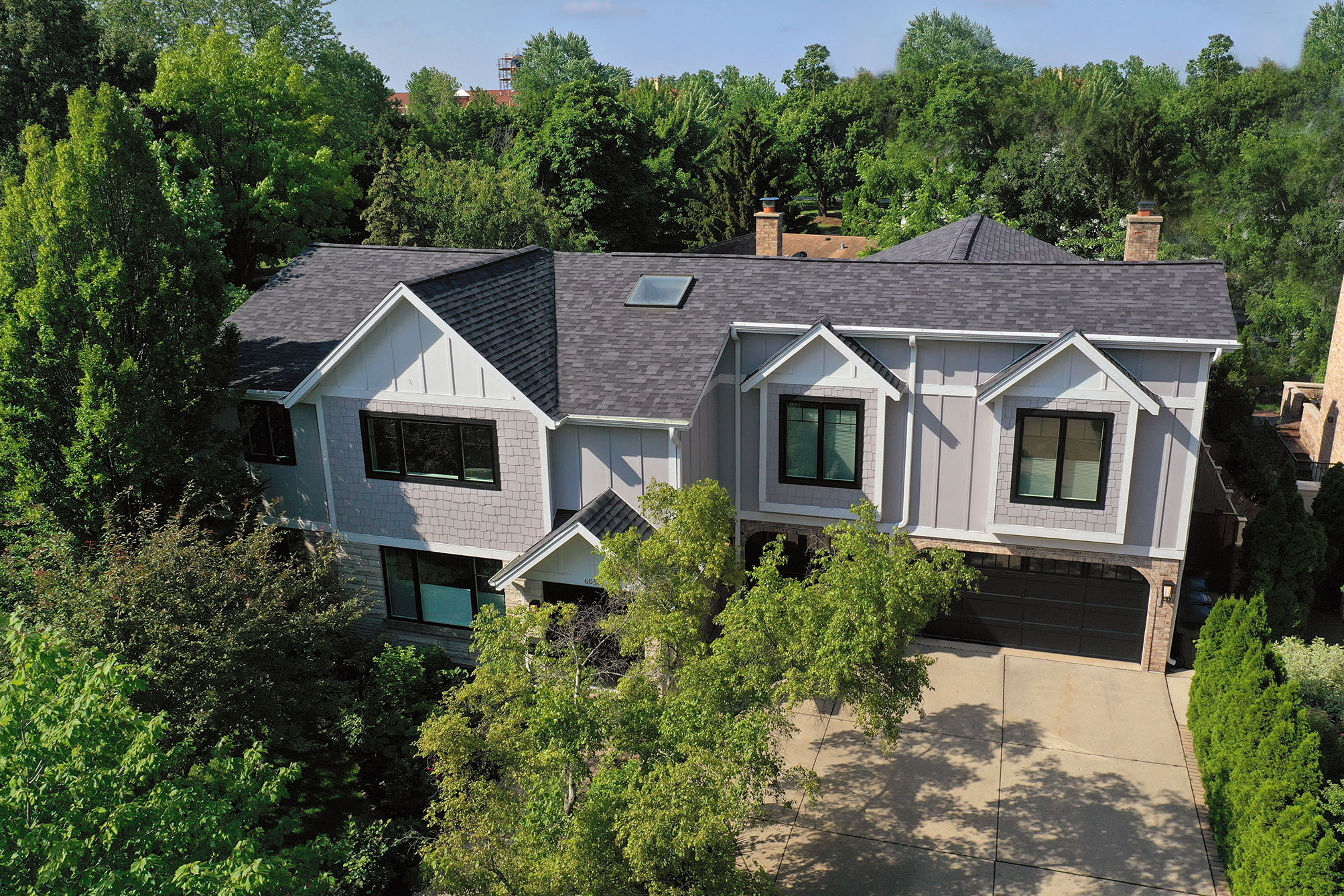 Aerial view of remodeled home exterior