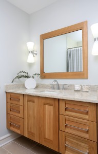 Bathroom vanity with a single sink and ample storage