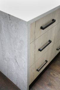 laminate cabinets close up of waterfall edge in white kitchen