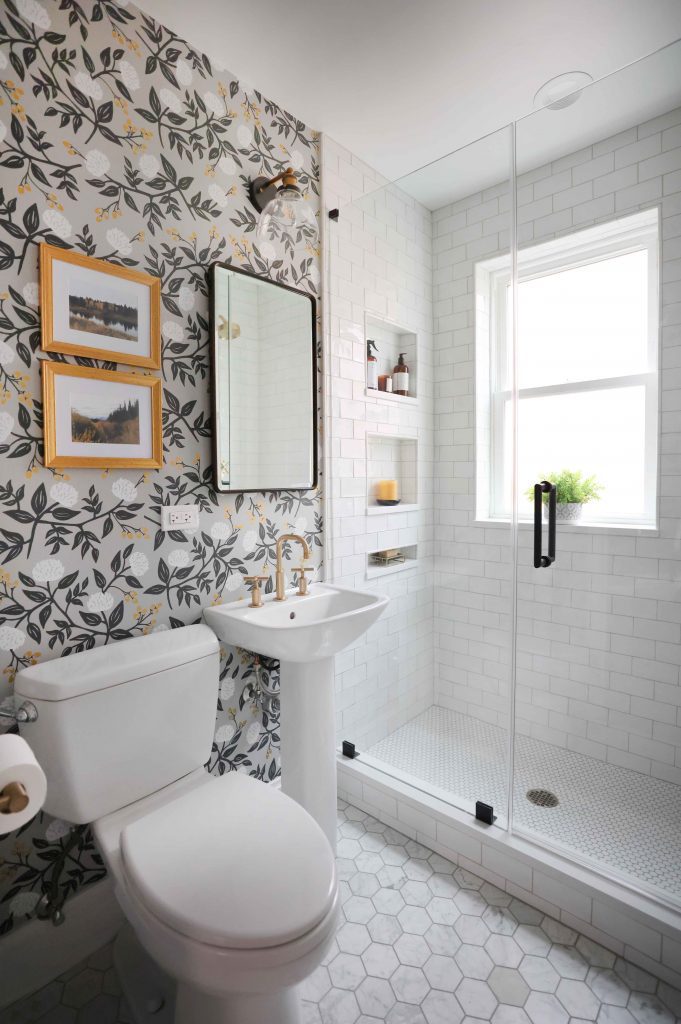 first floor bath with botanical wallpaper and stand alone shower