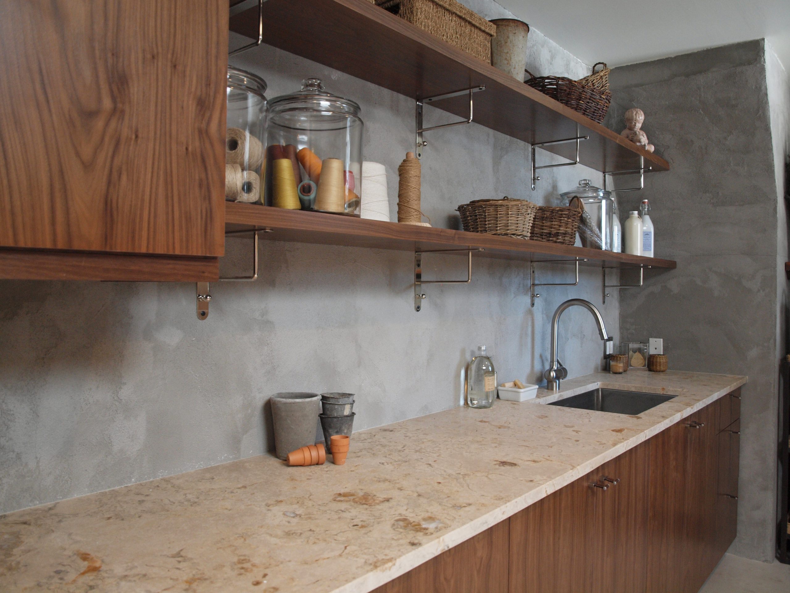 open shelving in laundry room