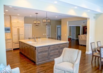 Open floor plan of kitchen, family room and eating area