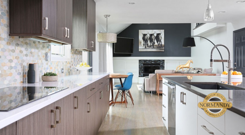 modern style kitchen open to adjoining living room