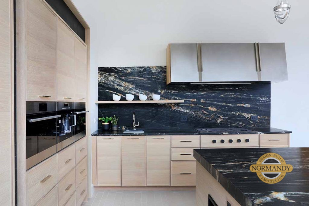 White Oak kitchen with slab backsplash