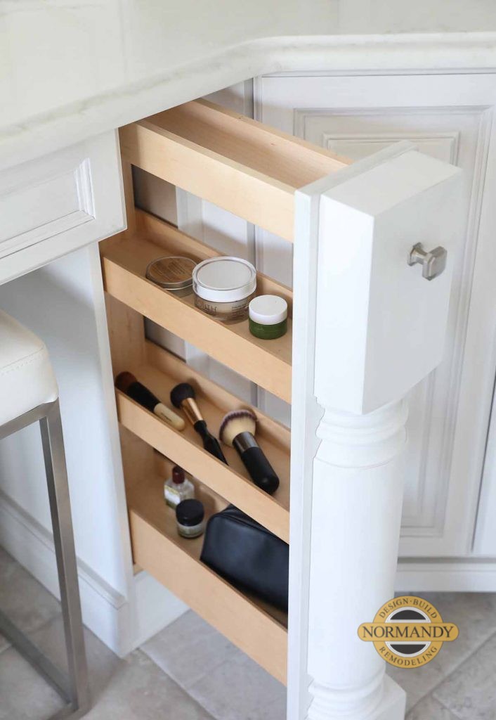 pull out storage cabinet in master bathroom for make up and accessories