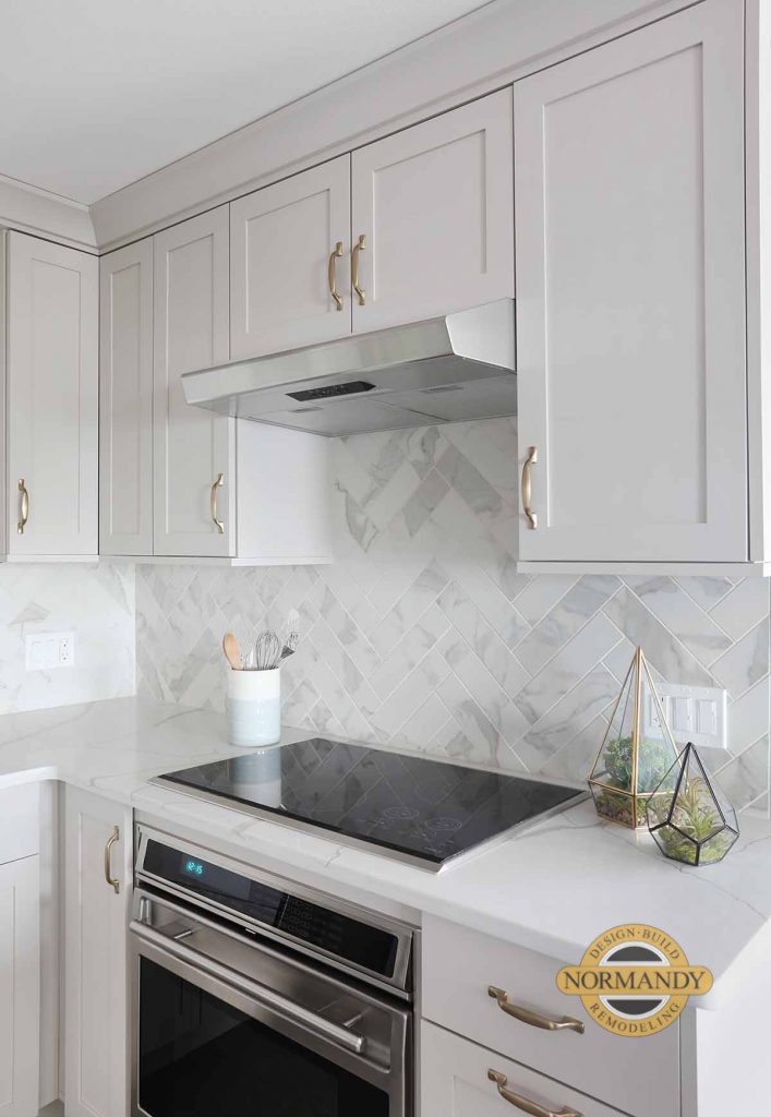 Gray Cabinets, Induction Cooktop, gray tile