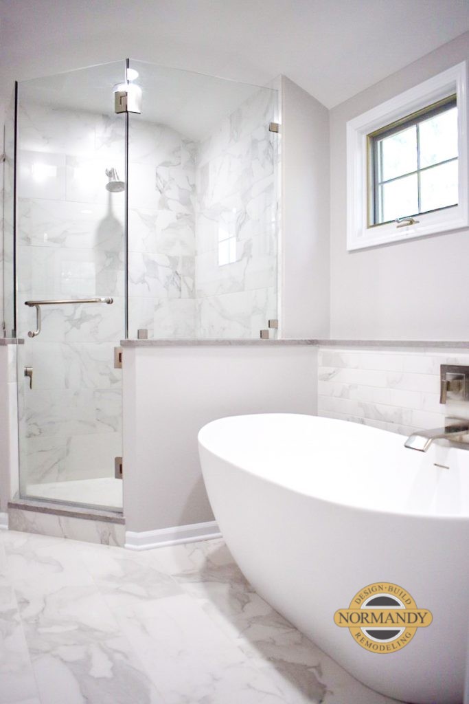 white bathroom with separate shower and tub