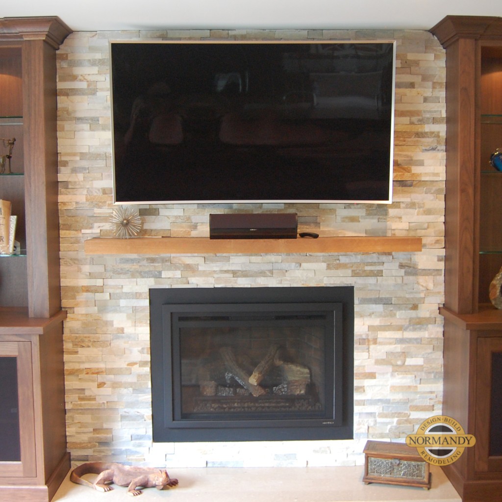 Ledger stone fireplace surround